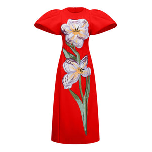 Aurohaya Irène Red Sequined Floral Embroidered Midi Dress
