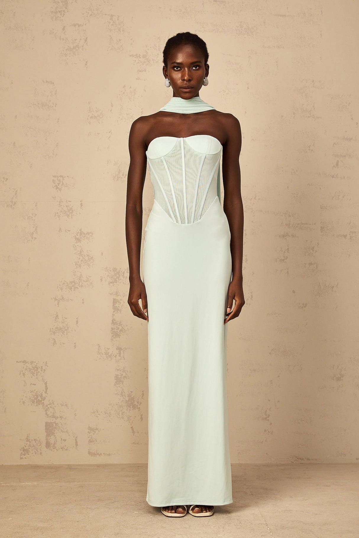 Aurohaya Béryl Tulle Panel Corset Maxi Dress in Mint Green