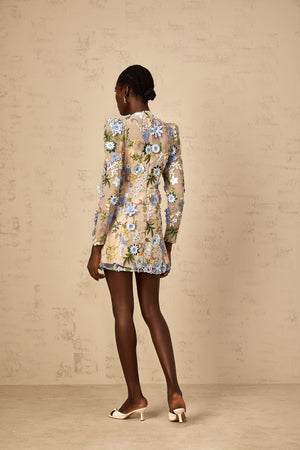 Aurohaya Jolien Blue Floral Appliqué Embroidered Tulle Mini Dress