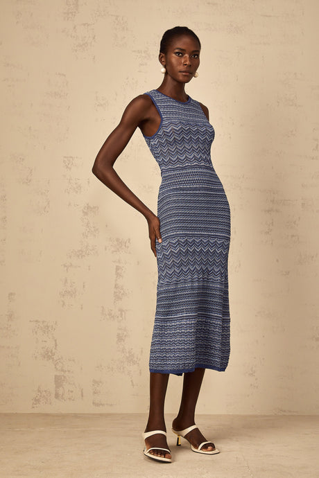 Aurohaya Ingrid Blue Wavy Crochet Knit Midi Dress