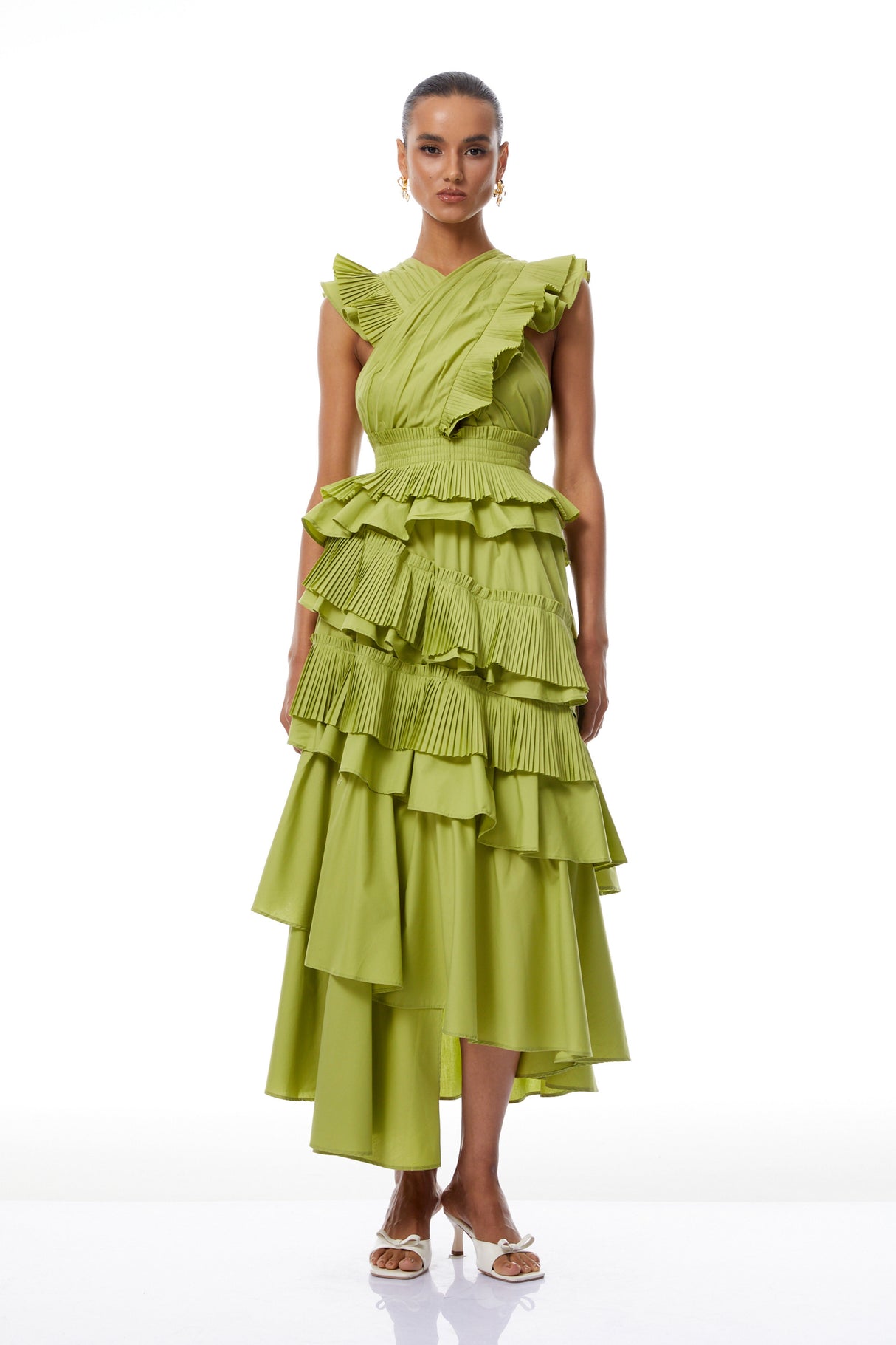 Aurohaya Raffaella Green Asymmetrical Ruffled Tiered Midi Dress