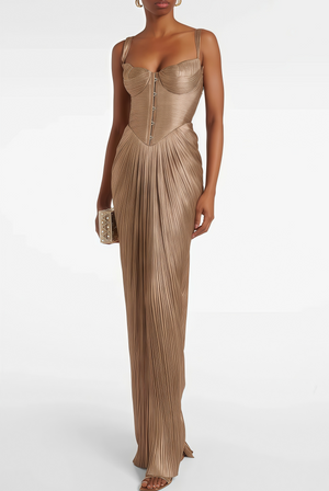 Aurohaya Nicoletta Gold Glossy Pleated Corset Maxi Dress