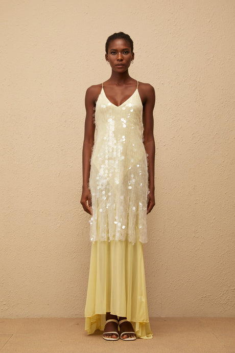 Aurohaya Joyau Yellow Sequin Mesh Maxi Dress