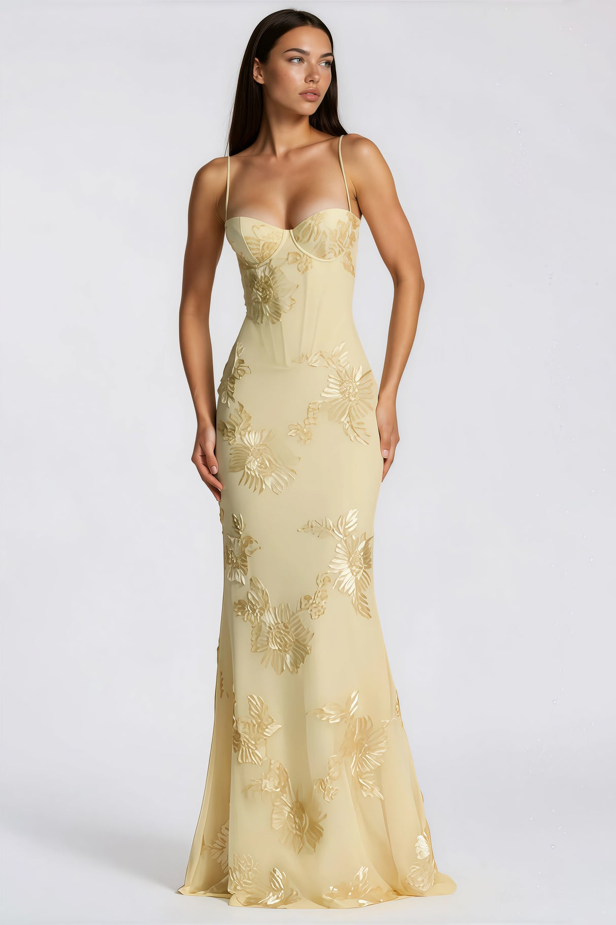 Aurohaya Théoline Yellow Floral Appliqué Corset Maxi Dress