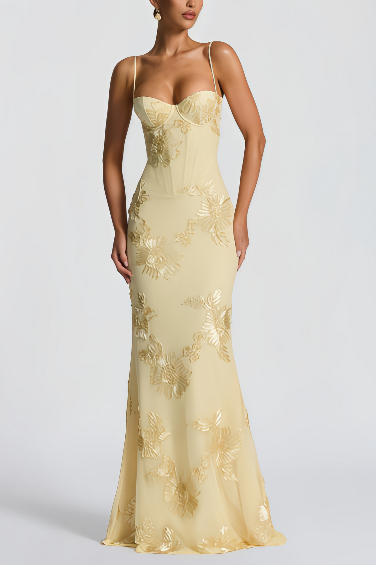 Théoline Yellow Floral Appliqué Corset Maxi Dress