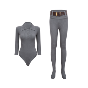 Aurohaya Claire Grey Ribbed Knit Bodysuit & Trousers Set