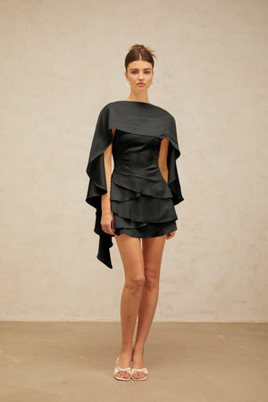 Aurohaya Lyna Black Satin Ruffled Mini Dress with Shawl Panel Detail
