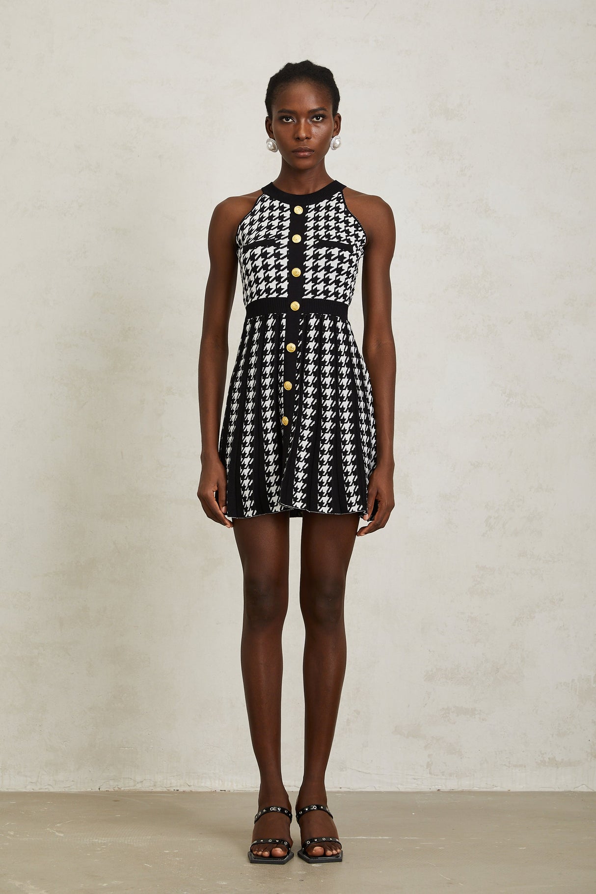 Aurohaya Jacqueline Black Houndstooth Crochet Knit Mini Dress