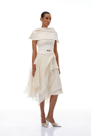 Aurohaya Aria White Asymmetrical Shawl & Tulle Panel Dress Set