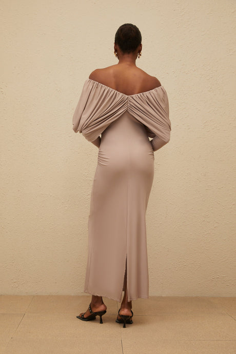 Aurohaya Roxane Grey Ruched Shift Midi Dress