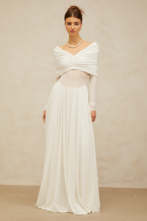 Aurohaya Vérane White Draped-detail Ruched Maxi Dress