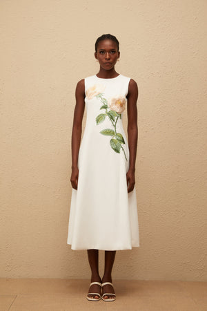 Aurohaya Mackenzie White Floral Embroidered Midi Dress
