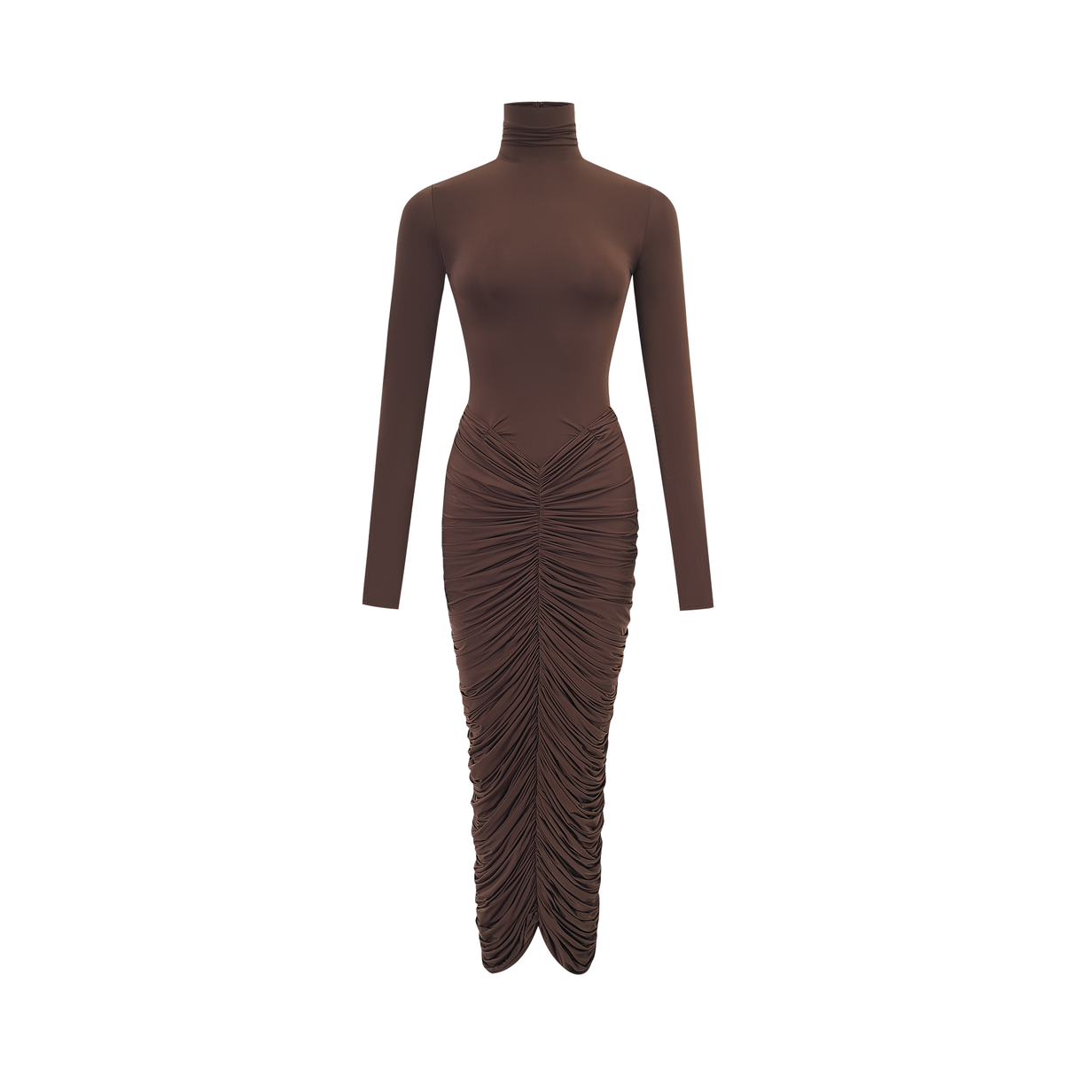 Aurohaya Charitina Brown Fitted Ruched Midi Dress