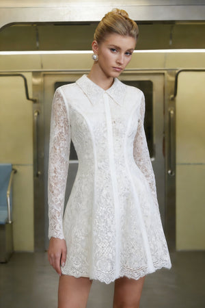 Aurohaya Aleksandra White Sequin Floral Lace Mini Dress