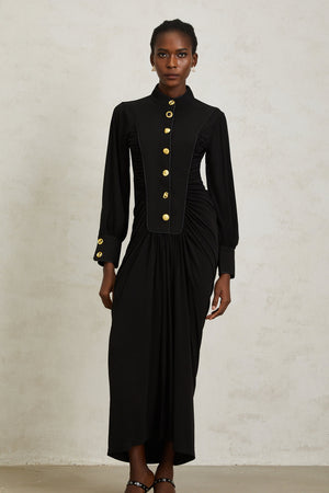 Aurohaya Brooklyn Black Gathered Draped Maxi Dress