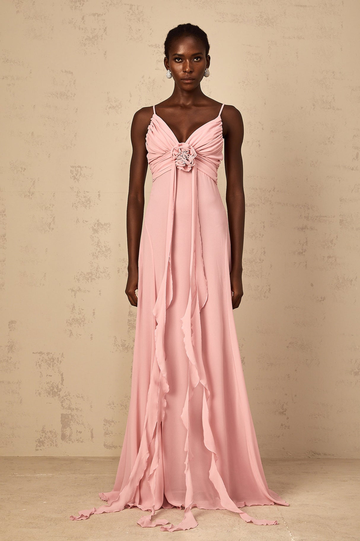 Aurohaya Ysandre Soft-Pink 3D Petal Tulle Maxi Dress