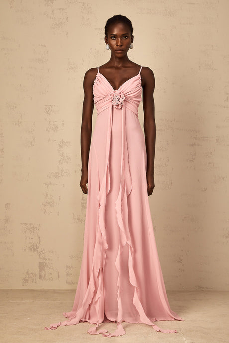 Aurohaya Ysandre Soft-Pink 3D Petal Tulle Maxi Dress