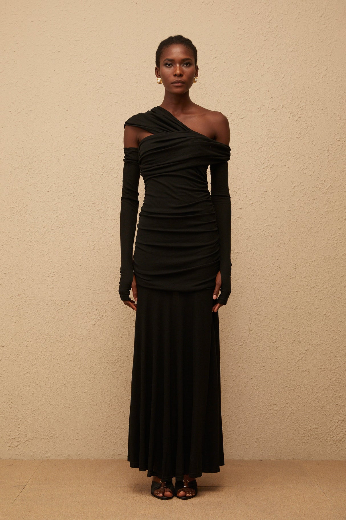 Aurohaya Aava Black Ruched Knit Maxi Dress