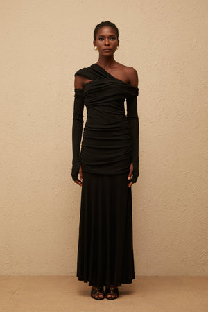 Aurohaya Aava Black Ruched Knit Maxi Dress