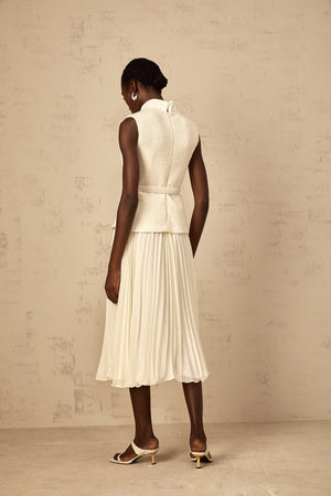 Aurohaya Dulcie Off-White Tulle Panel Tweed Midi Dress