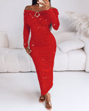 Off Shoulder Long Sleeve Chic Mental Buckle Ruched Mid-Calf Dress