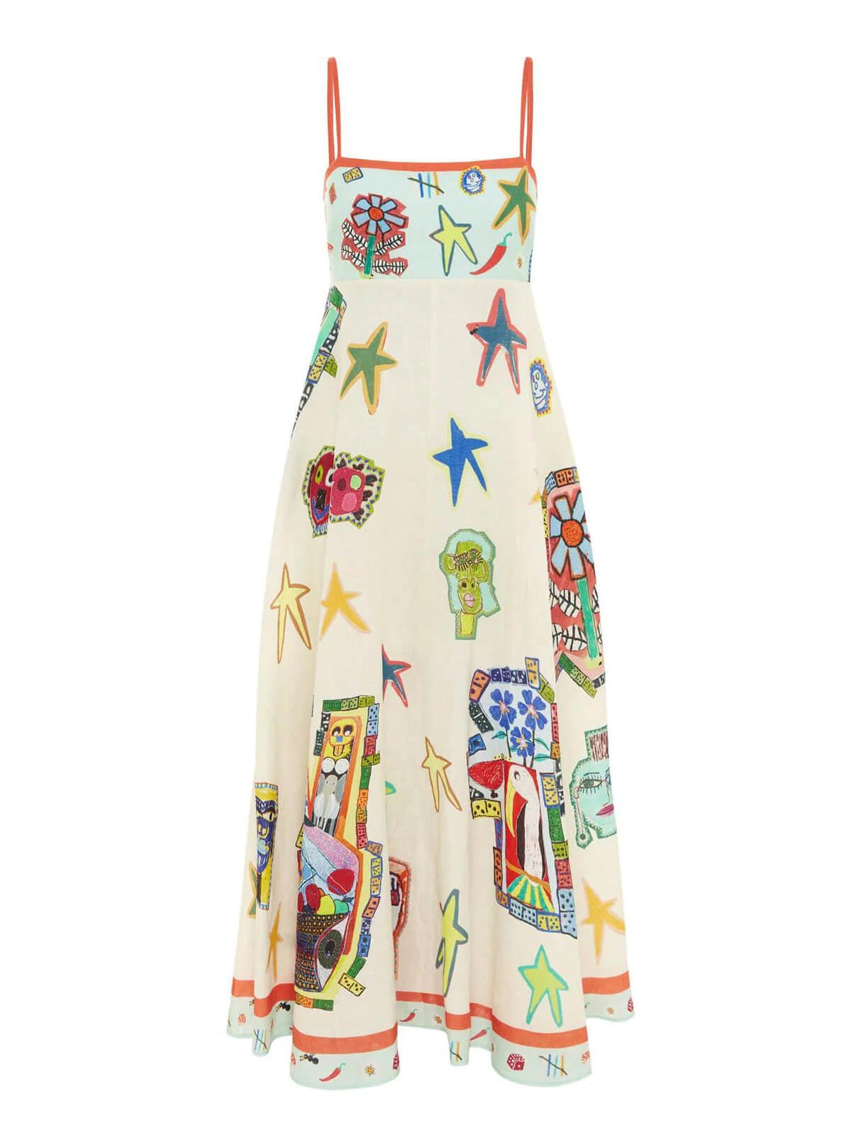 Aurohaya Unique Graffiti Print Suspenders Long Swing Midi Dress