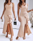 Deep V-Neck Thick Strap Side Ruffled Slit Evening Dress Cinched Waist Zipper Back Slim Fit Maxi Dress