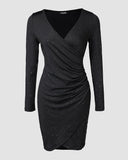 V Neck Long Sleeve Mini Wrap Bodycon Dress Glitter Ruched Cocktail Party Dresses