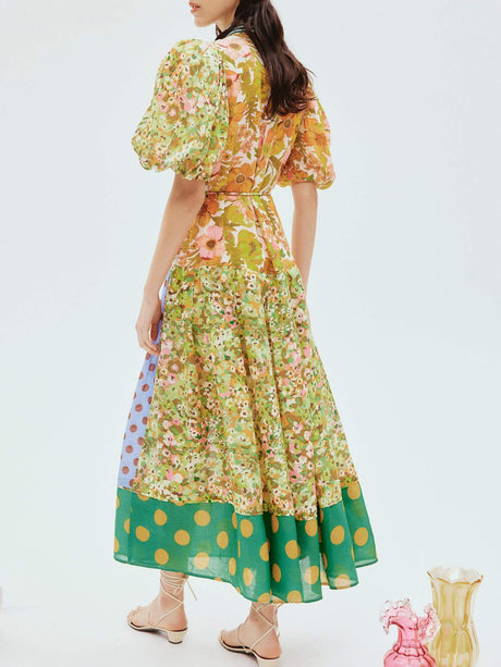 Aurohaya Exquisite Retro Floral Print Puff Sleeve Midi Dress