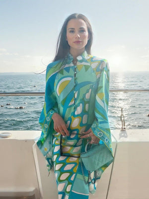 Aurohaya Elegant Button-Up Stand Collar Printed Loose Flared Asymmetrical Midi Dress Multicolor