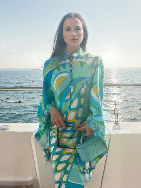 Aurohaya Elegant Button-Up Stand Collar Printed Loose Flared Asymmetrical Midi Dress Multicolor