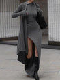 Aurohaya Unique knitted long sleeve sexy slit slim Maxi Dress Gray
