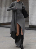 Unique knitted long sleeve sexy slit slim Maxi Dress