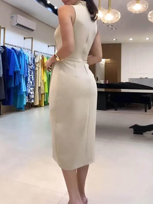 Aurohaya Elegant Stand Collar Fake Two-piece Tie-up Split Mid-length Dress