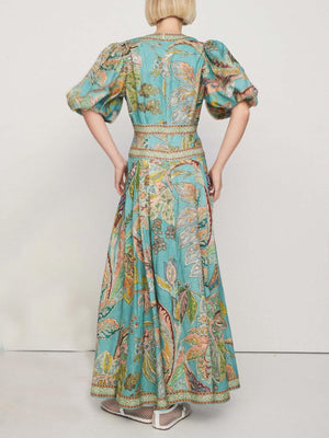 Aurohaya Unique Satin Vintage Floral Print Puff Sleeve Midi Dress
