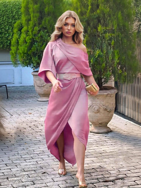 Aurohaya Exquisite Satin Irregular Lapel Neckline Design Ruched Maxi Dress Pink