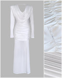 Cowl Neck Ruched Zipper Back Slim Fit Maxi Dress Casual Padded Shoulders Backless Evening Dress