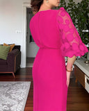 3D Polka Dot Appliques Mesh Lantern Sleeve Zipper Back Slit Work Dress Cinched Waist Slim Fit Mid Length Dress With Belt