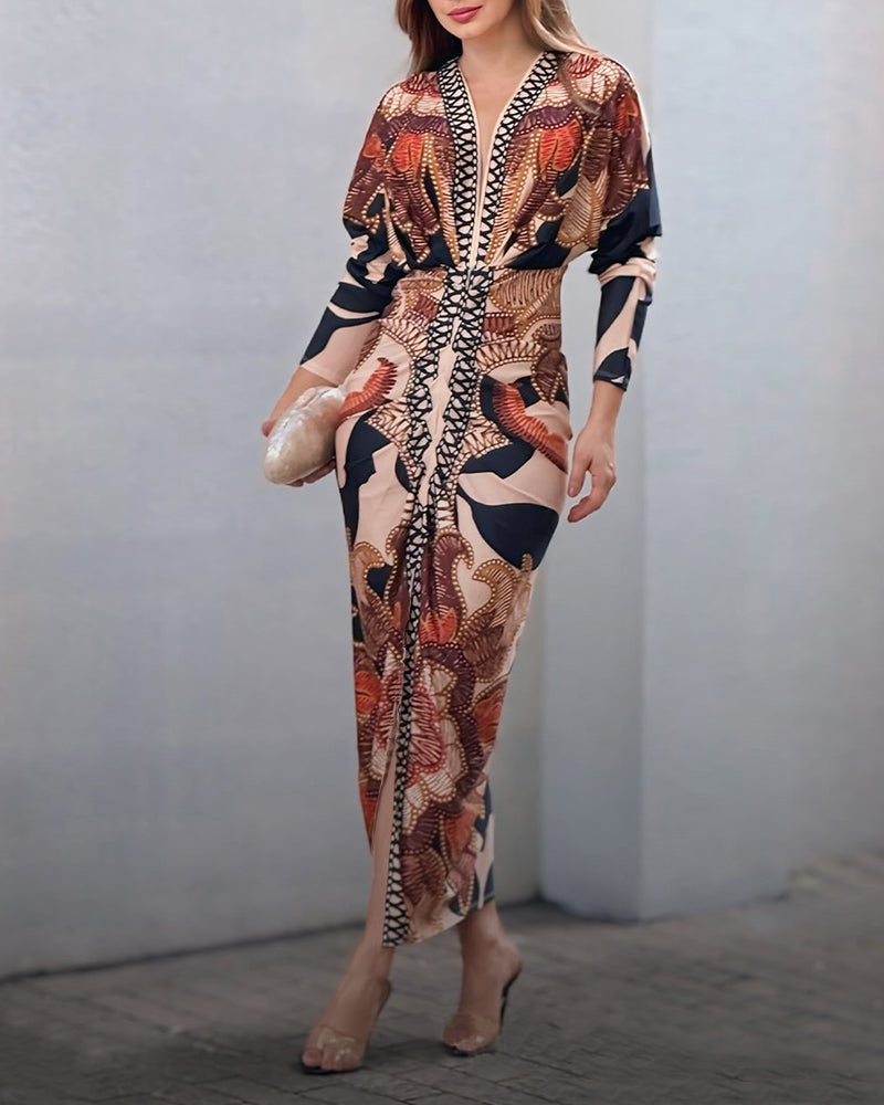 Vintage Baroque Deep V Neck Long Sleeve Slit Bodycon Dress Ruched Slim Fit Vacation Dress