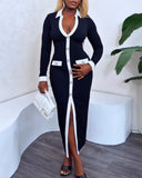 Pearls Button Decor Contrast Paneled Turn-down Collar Slit Front Dress Zipper Side Flap Detail Slim Fit Commuting Dress
