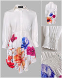 Floral Print Turn-down Collar Long Sleeve Casual Pressed Pleats Shirt Dress