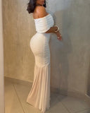 Foldover Off Shoulder Ruched Cinched Waist Minimalist Evening Dress Slim Fit Mermaid Hem Party Dress