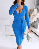 Cable Textured Overlap Deep V Neck Long Sleeve Mid Length Dress Tie Waist Slim Fit Knit Dress