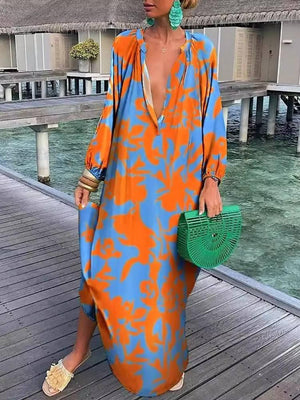 Aurohaya Printed V-neck Long-sleeved Loose Dress Orange