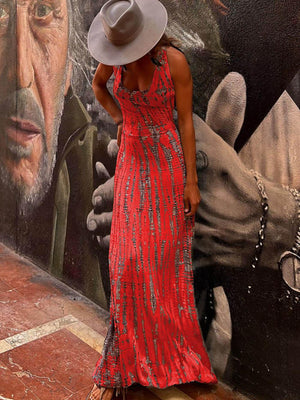 Aurohaya Tie-dye Print Back Lace-up Stretch Maxi Dress Red