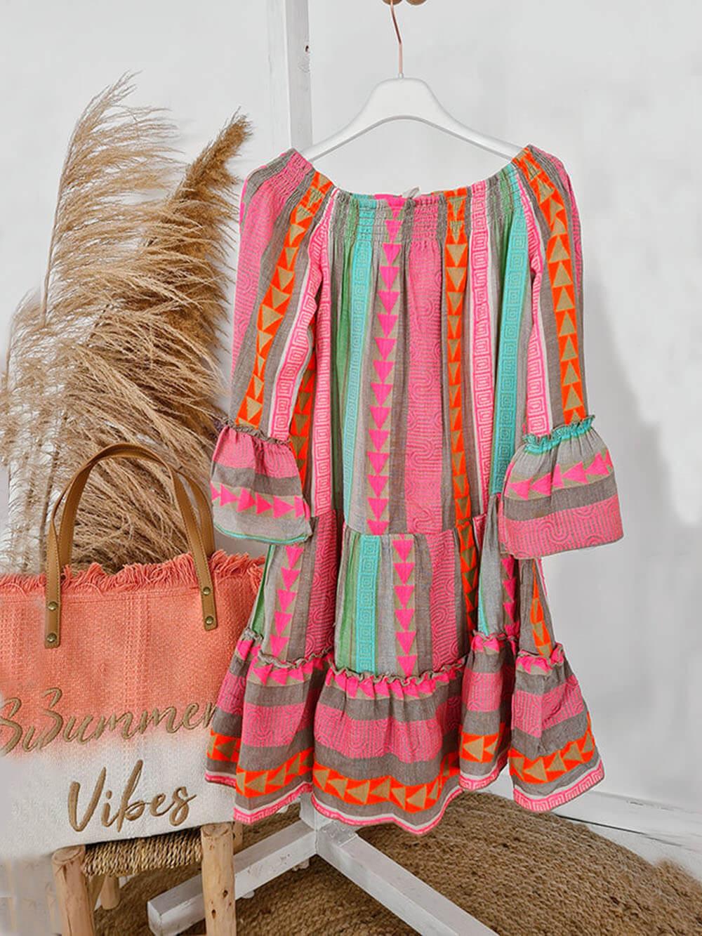 Aurohaya Linen Blend Ethnic Print Off Shoulder Loose Mini Dress