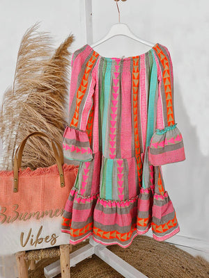 Aurohaya Linen Blend Ethnic Print Off Shoulder Loose Mini Dress