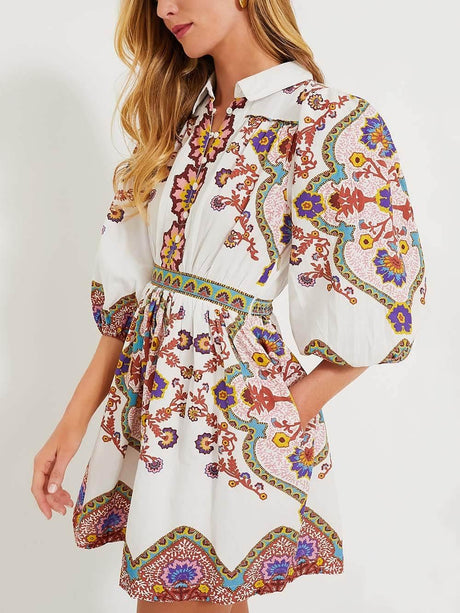 Aurohaya Unique Print Puff Sleeve Pocketed Shirt Mini Dress