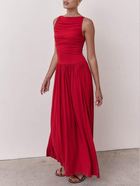 Aurohaya Elegant Pleated Sleeveless Maxi Dress