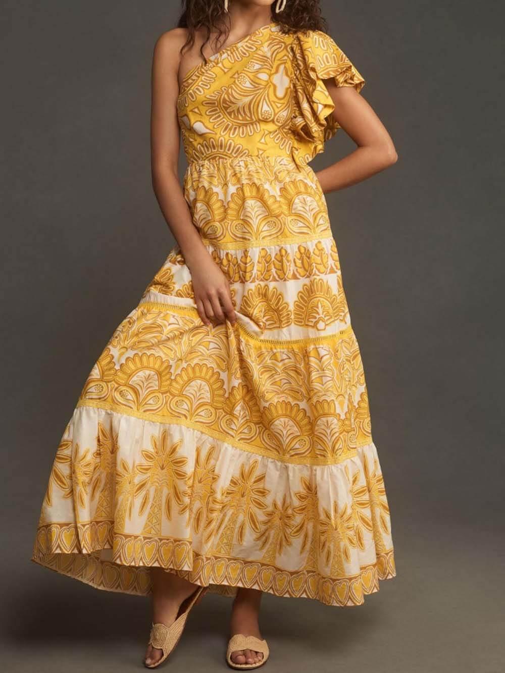 Aurohaya Exquisite Unique Print One Shoulder Ruffle Sleeve Tiered Maxi Dress